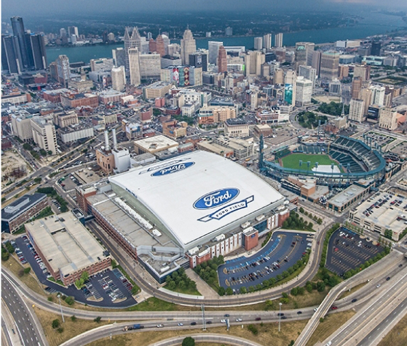 Birds eye view of Ford Field and downtown Detroit.