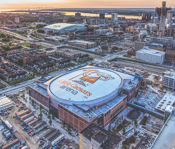 Birds eye view of Ford Field and downtown Detroit.